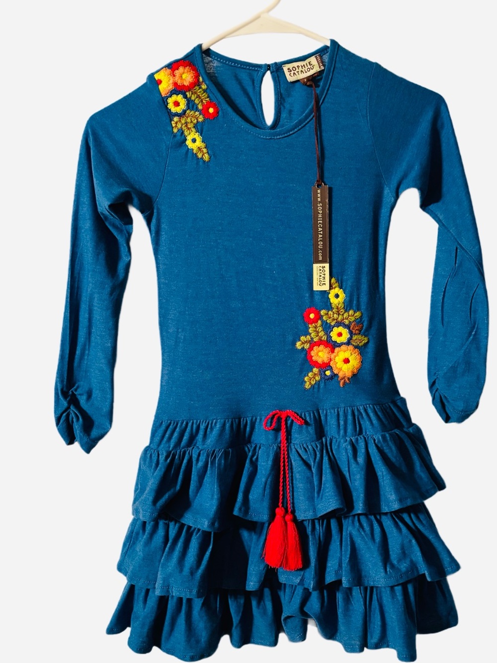 Girls Boho Embroidered Ruffle Dress Blue Floral Tiered Size 6 NWT